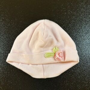 Baby Beanie Hat Pink Rose Applique Infant Newborn Girl Cute Soft size 0-3 Months